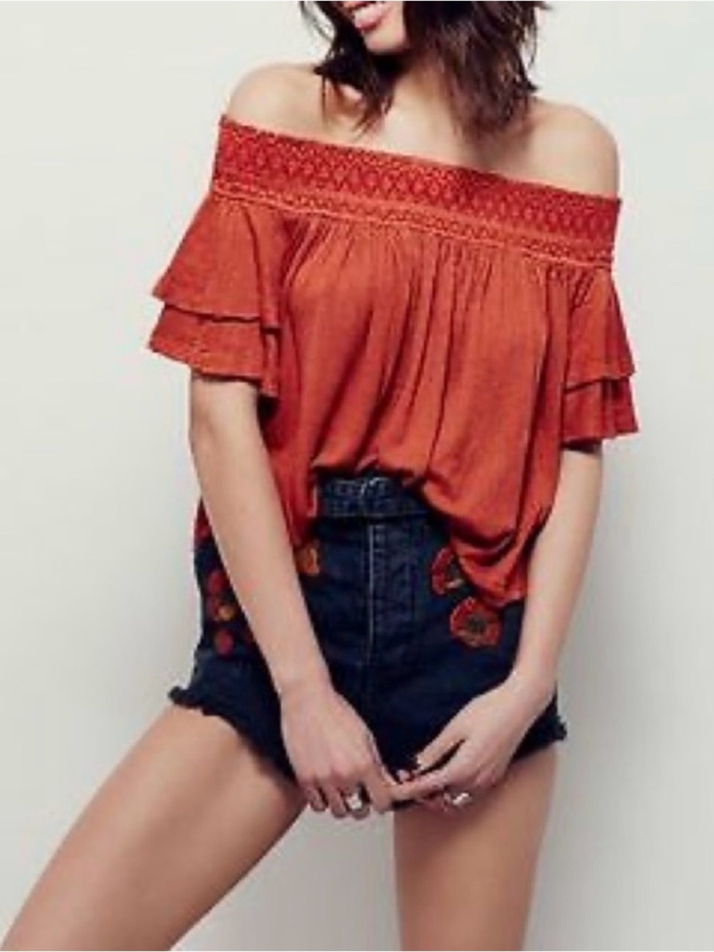 Free People Off-Shoulder Ruffle Sleeve Top in Rust